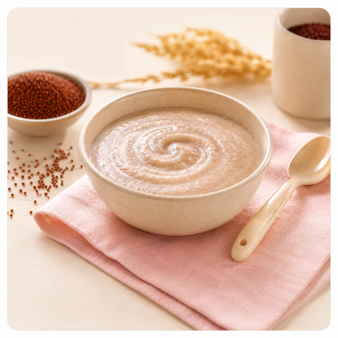A bowl of smooth sprouted ragi porridge with a spoon