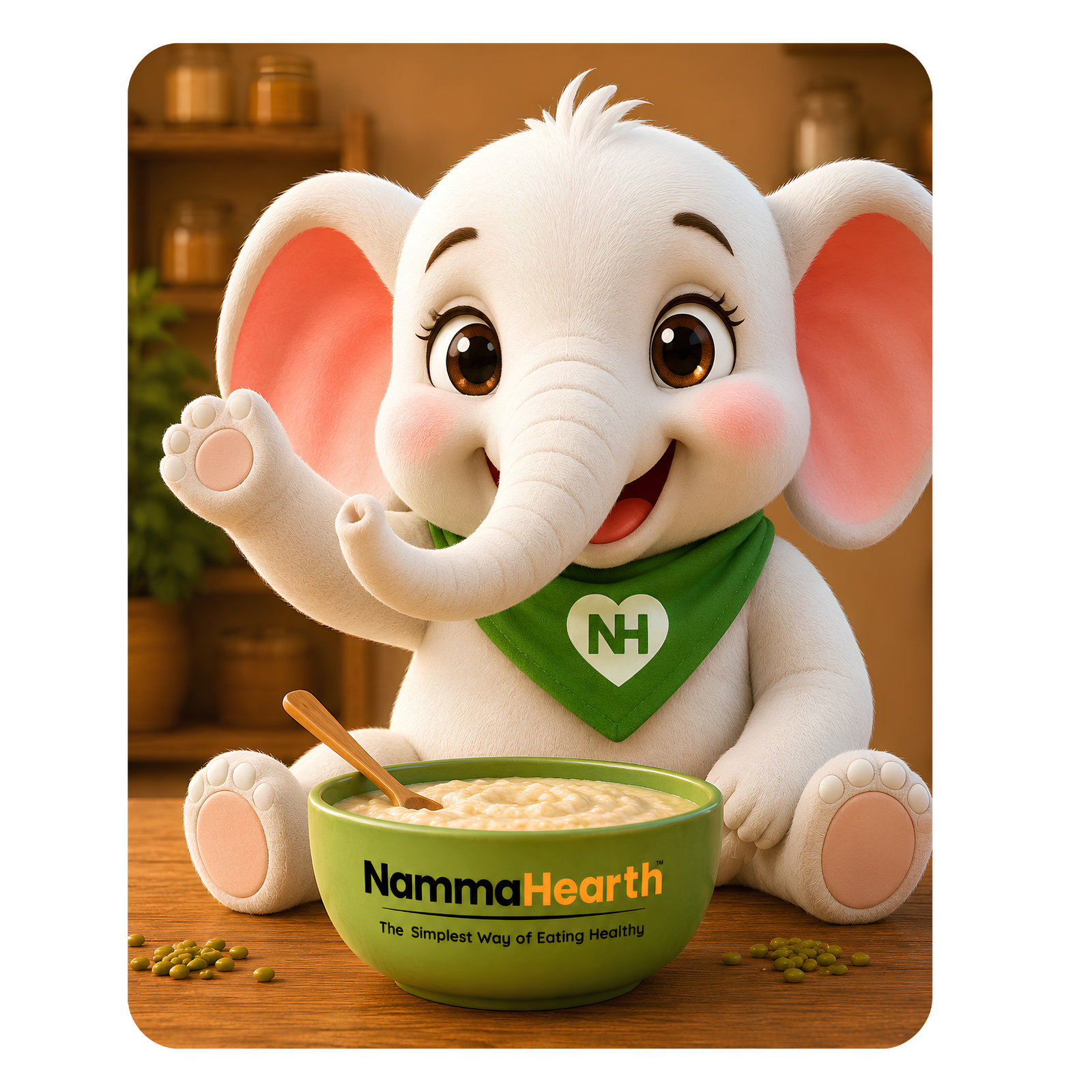 TuTu, the Namma Hearth baby elephant, waving hello beside a bowl of NammaHearth cereal